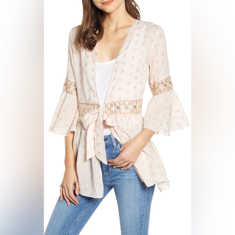 A La Plage Women’s Embroidered Bell Sleeve Jacket Blush Pink Sequined XS